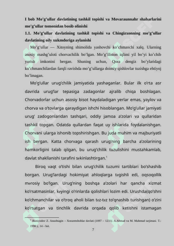 Mo'g'ullar davlatining tashkil topishi va Movaraunnahr shaharlarini mo’g’ullar tomonidan bosib olinishi 7