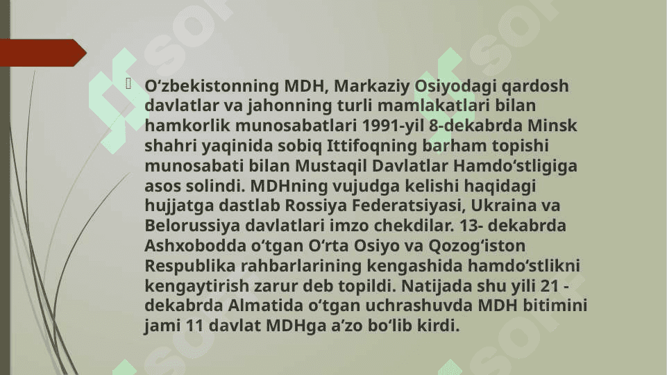 o‘zbekistonning mdh, markaziy osiyodagi qardosh davlatlar va jahonning turli mamlakatlari bilan hamkorlik munosabatlari 2