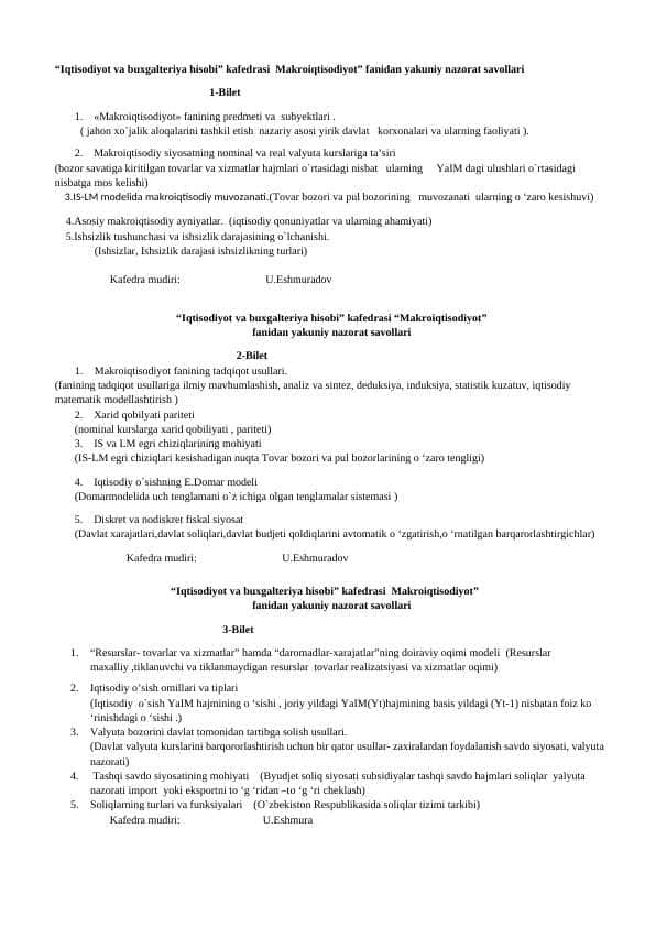 “Iqtisodiyot va buxgalteriya hisobi” kafedrasi  Makroiqtisodiyot” fanidan yakuniy nazorat savollari