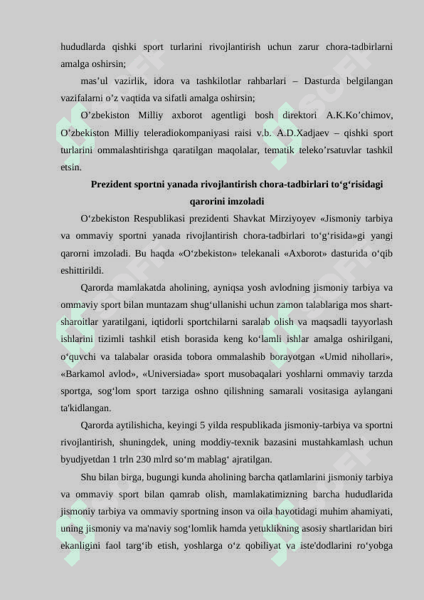 JISMONIY TARBIYA VA SPORT SOHASIDA QABUL QILINGAN PREZIDENT QARORLARI 7