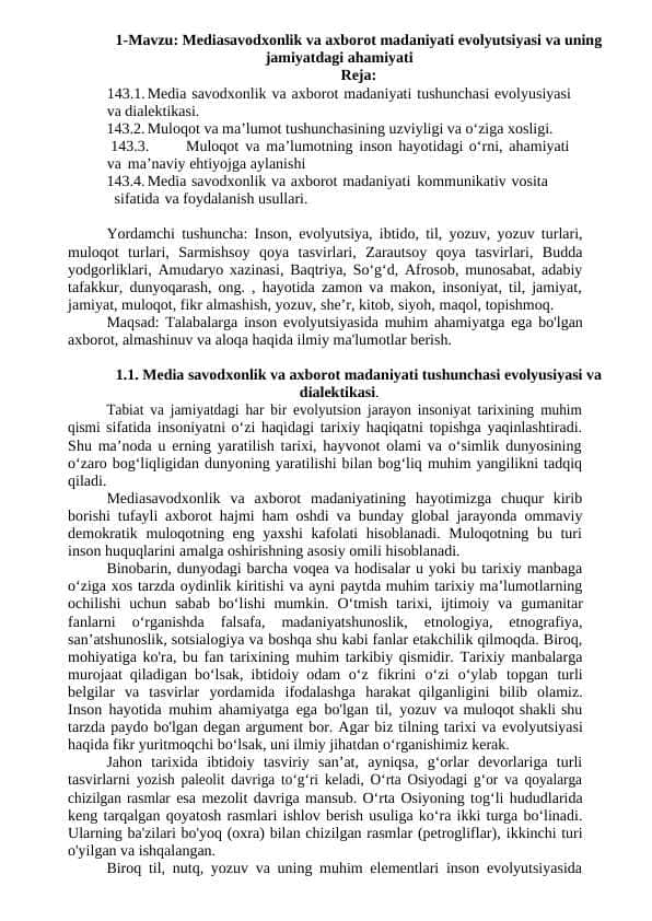 Mavzu: Mediasavodxonlik va axborot madaniyati evolyutsiyasi va uning jamiyatdagi ahamiyati