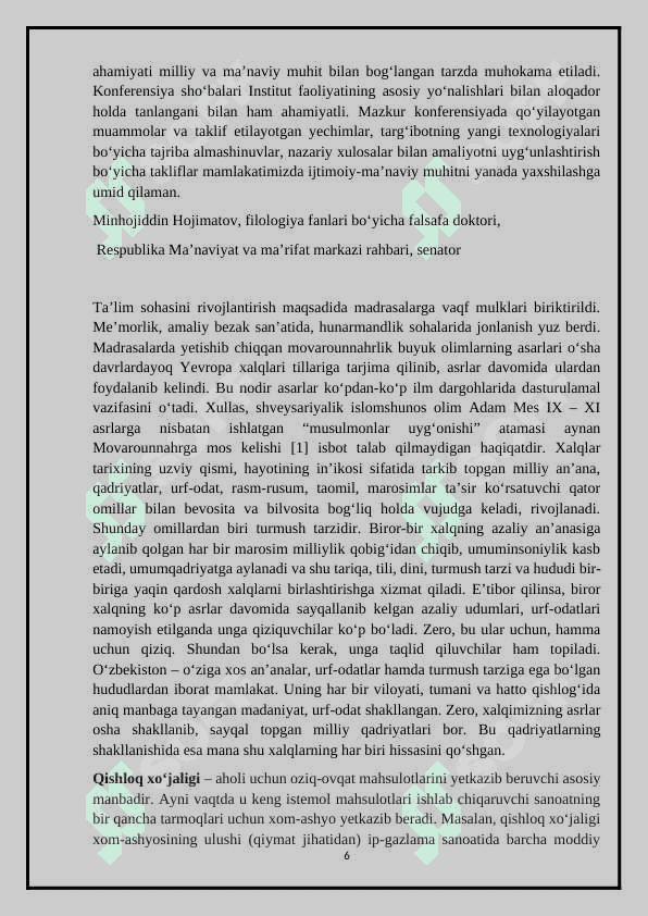 Mamlakatimizdagi qishloqlar va ularning madaniy hayotimizdagi o’rni 6