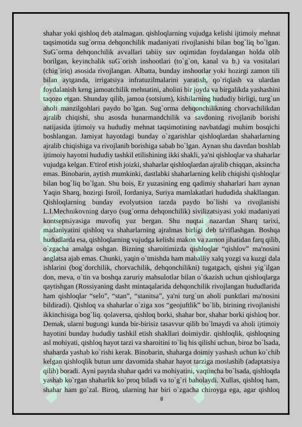 Mamlakatimizdagi qishloqlar va ularning madaniy hayotimizdagi o’rni 8