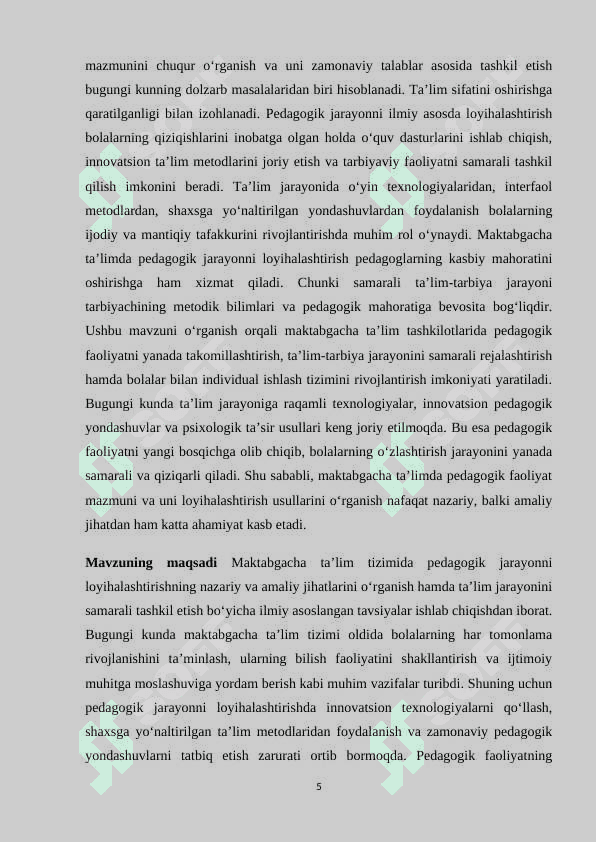 Maktabgacha ta'lim pedagogik jarayonni loyihalashtirishda pedagogik faoliyat mazmuni 5