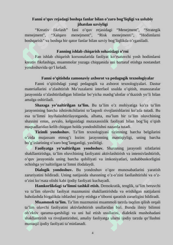«KREATIV FUKRLASH»  FANINING    ISHCHI O’QUV DASTURI (SYLLABUS) 4