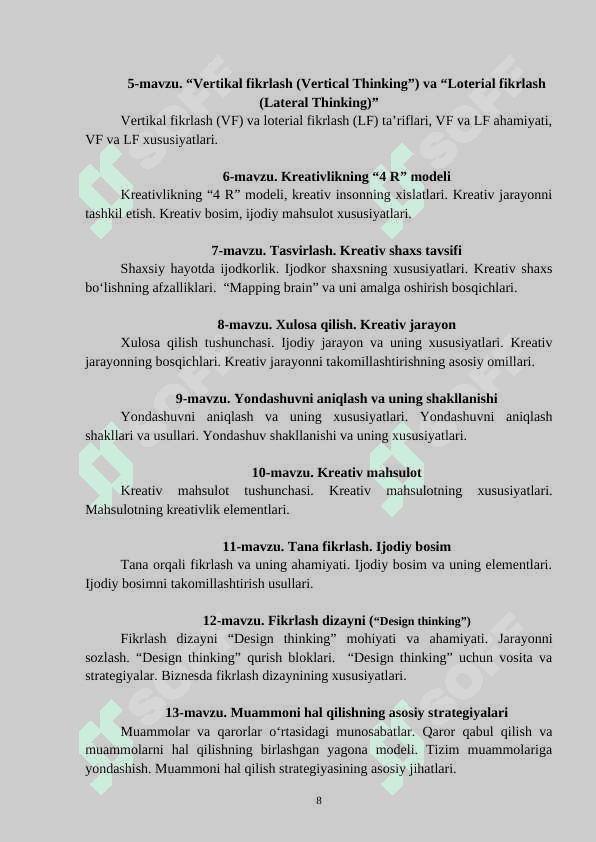 «KREATIV FUKRLASH»  FANINING    ISHCHI O’QUV DASTURI (SYLLABUS) 8