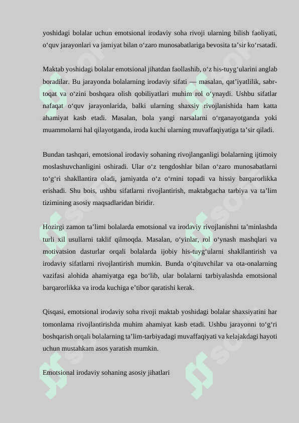 Emotsional irodaviy soha va uni maktab yoshidagi bola shaxsining bilish faolligining rivojlanishidagi ahamiyati.

Referat 3