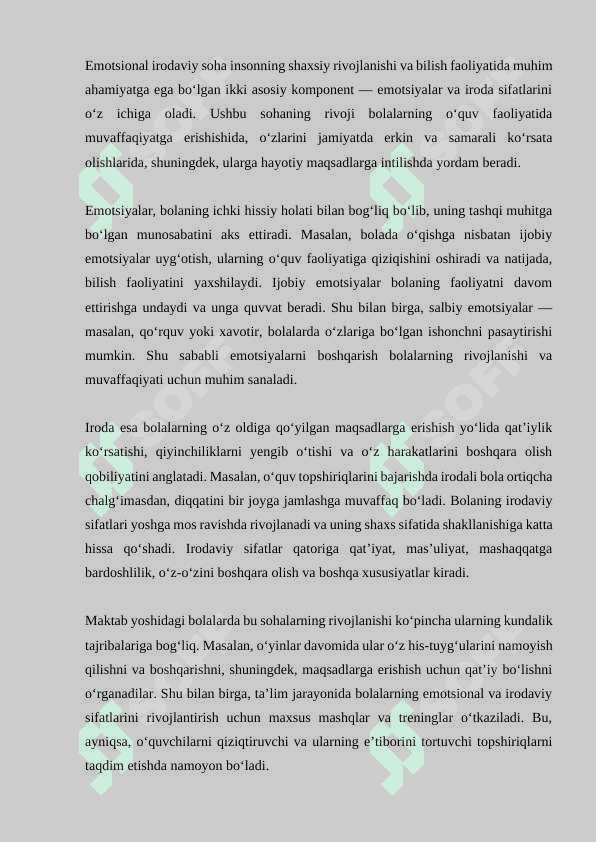 Emotsional irodaviy soha va uni maktab yoshidagi bola shaxsining bilish faolligining rivojlanishidagi ahamiyati.

Referat 4