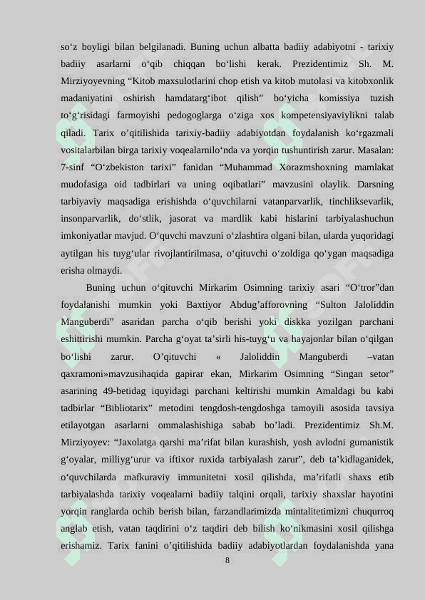 8-SINF O’ZBEKISTON TARIXI FANINI O’QITISHDA TARIXIY MANBALAR VA ADABIYOTLARDAN FOYDALANISH 8