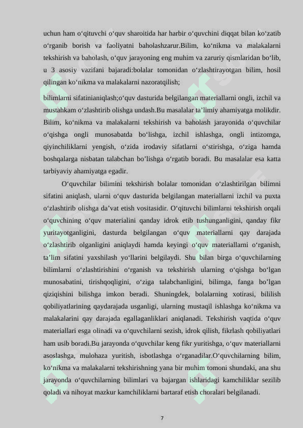 TARIX DARSLARIDA O’QUVCHILARNING BILIMINI TEKSHRISH VA BAHOLASH MEZONI 7