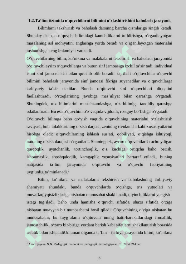 TARIX DARSLARIDA O’QUVCHILARNING BILIMINI TEKSHRISH VA BAHOLASH MEZONI 8