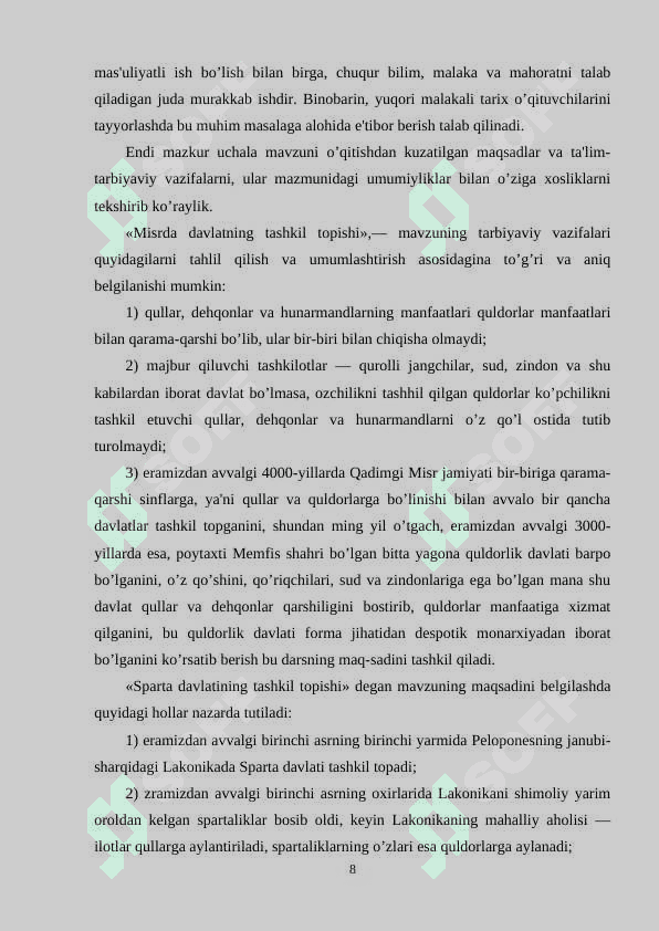 TARIX DARSLARI MAVZULARINING UZVIYLIGI VA DIDAKTIK JIHOZLANISHI. 8
