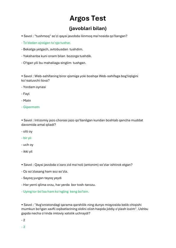 DAVLAT XIZMATCHISI ARGOS TEST 2025 (javoblari bilan)