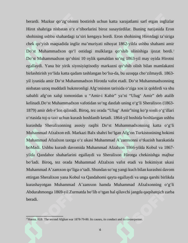 XIX ASRNING IKKINCHI YARIMIDA AFGʻONISTON VA QO’SHNI DAVLATLARDAGI SIYOSIY VOQEALAR 6