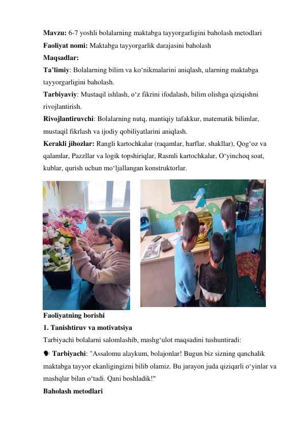 6-7 yoshli bolalarning maktabga tayyorgarligini baholash metodlari