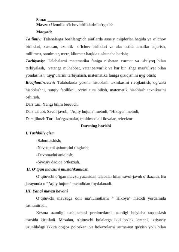 : Uzunlik o‘lchov birliklarini o‘rgatish