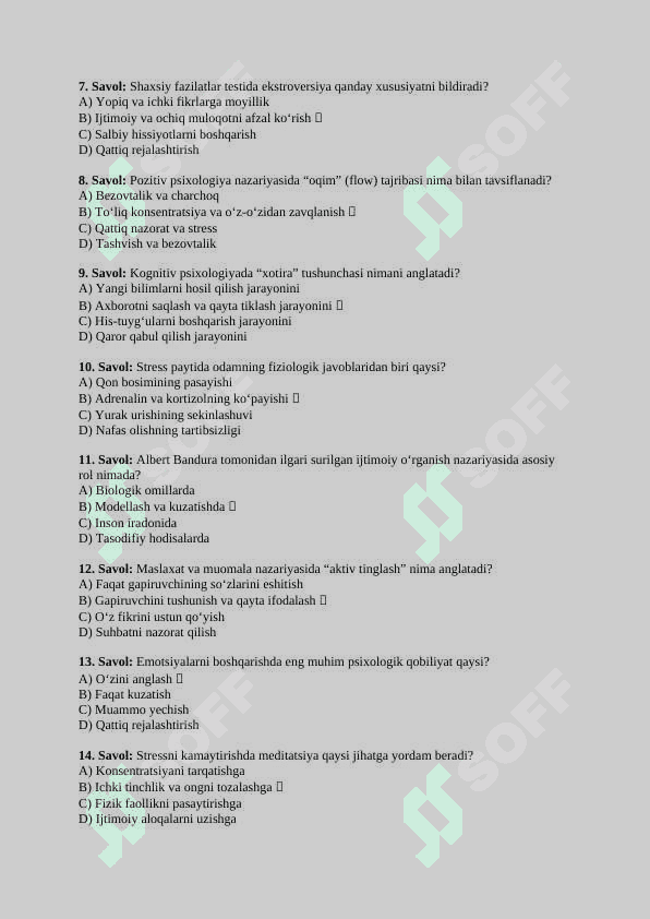 Psixalogik test 100 TA JAVOBLARI BILAN 2