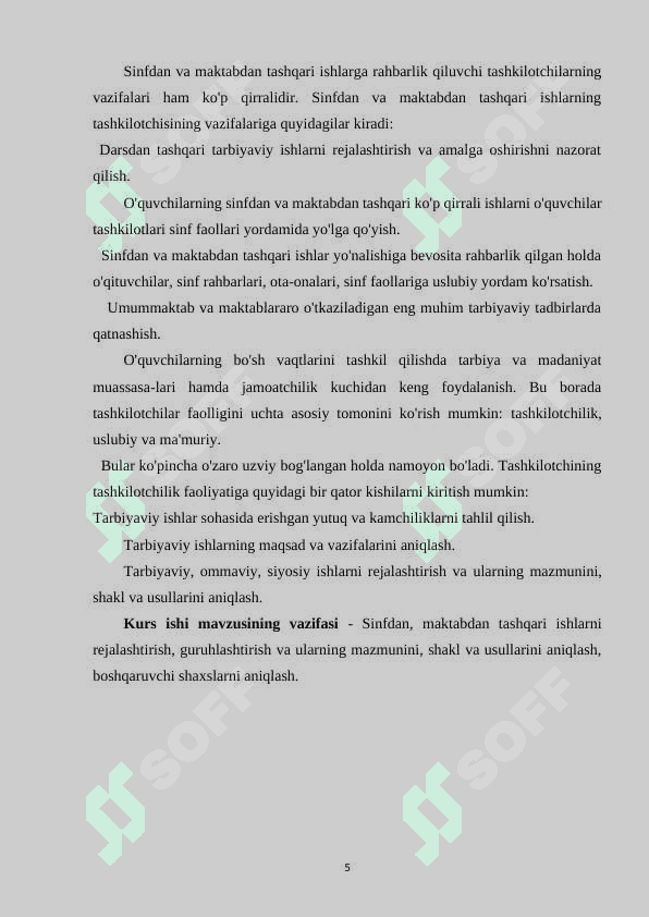 SINFDAN VA MAKTABDAN TASHQARI ISHLARNI TASHKIL QILISHDA MA'NAVIYAT ISHLARI DIREKTOR  O'RINBOSARININING VAZIFALARI 5