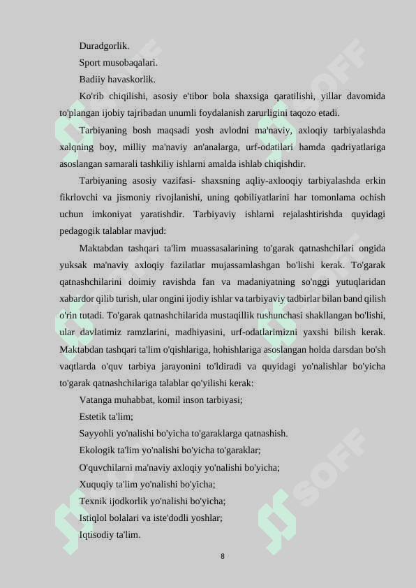 SINFDAN VA MAKTABDAN TASHQARI ISHLARNI TASHKIL QILISHDA MA'NAVIYAT ISHLARI DIREKTOR  O'RINBOSARININING VAZIFALARI 8