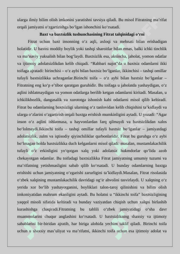Abdurauf  Fitratning “Rahbari najot” risolasidagi “Baxtsiz odamlarning ikki toifasi”ga oid qarashlari 4