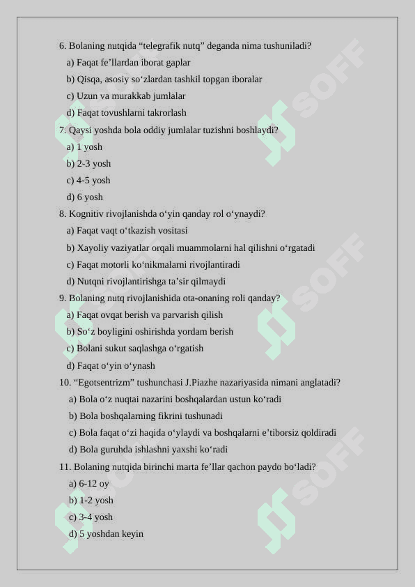 Ilk bolalik davrida kognitiv jarayonlar va nutqning rivojlanishi (Test,savollar,variantlar) 2