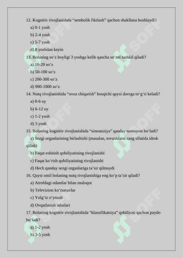 Ilk bolalik davrida kognitiv jarayonlar va nutqning rivojlanishi (Test,savollar,variantlar) 3