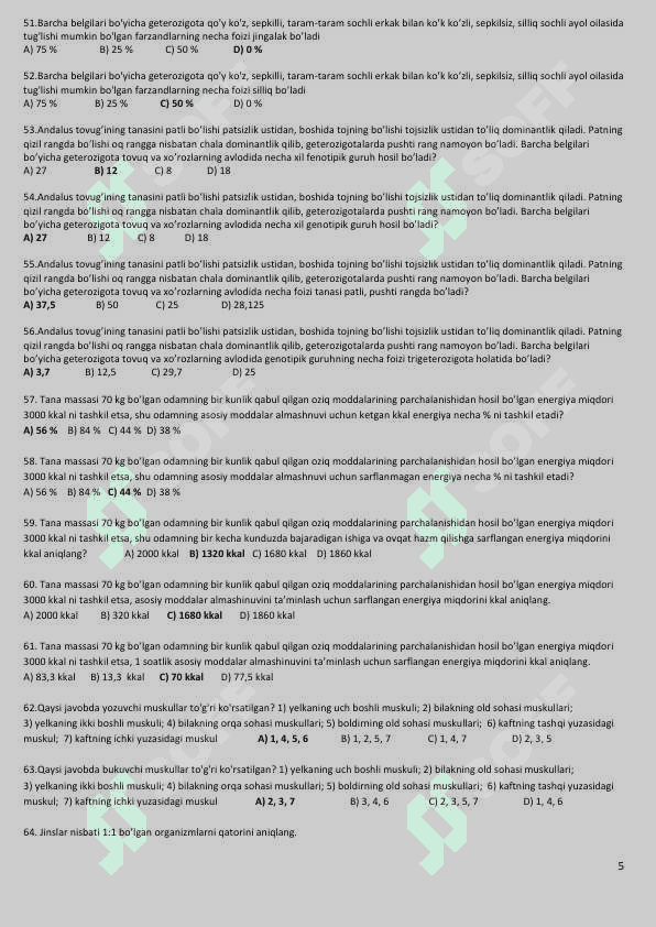 9 biologiyaga doir eng yaxshi testlar to'plami javobi bilan 357 ta test 5