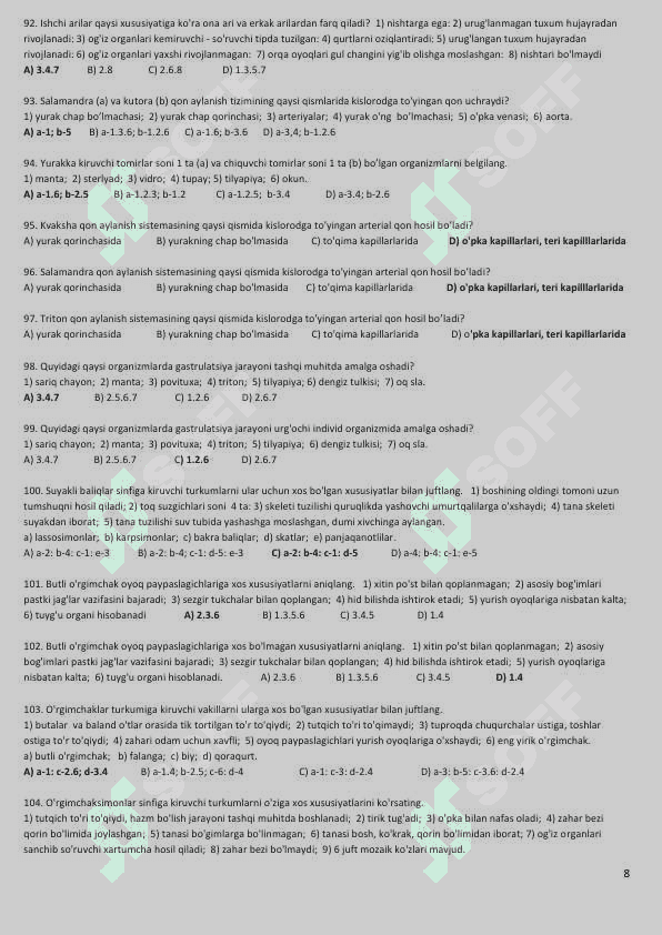 9 biologiyaga doir eng yaxshi testlar to'plami javobi bilan 357 ta test 8