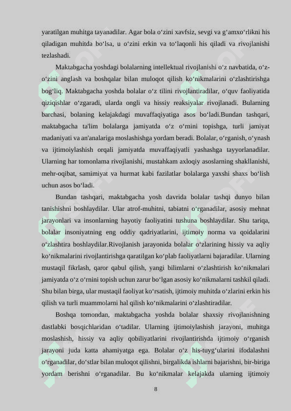 MAKTABGACHA YOSHDAGI TARBIYALANUVCHILARNING BARKAMOL RIVOJLANISHI TO’G’RISIDAGI QARASHLAR TAXLILI 8