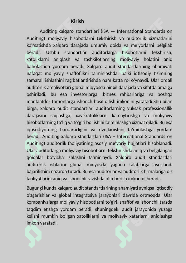 Boshqa tarmoqlarda auditni tashkilqilishda     auditning xalqaro standartlariniqo’llash. 2