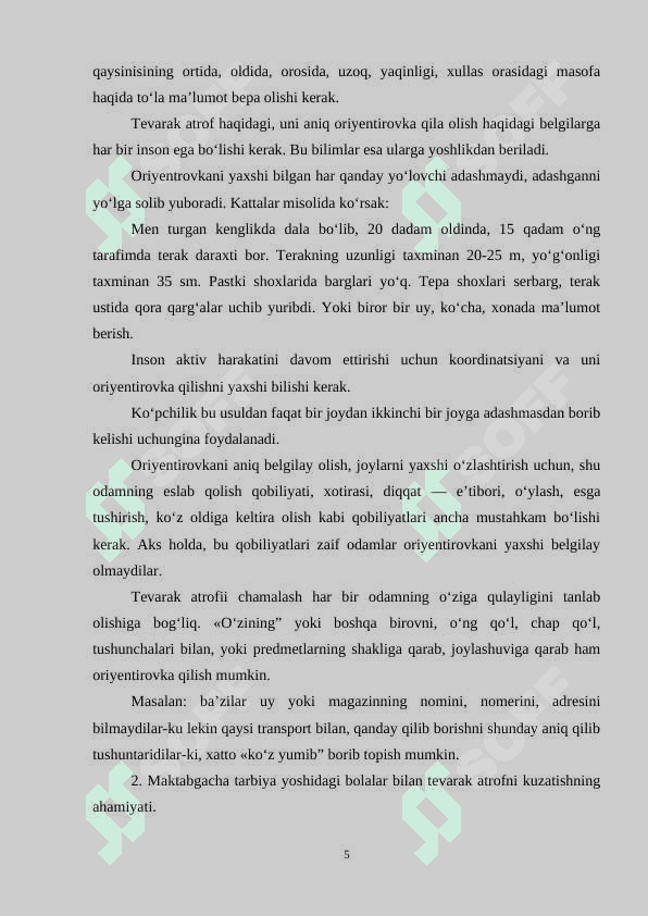 TURLI YOSH GURUHLARIDA BOLALARDA FAZOVIY VA VAQT TASAVVURLARNI RIVOJLANTRISH 5