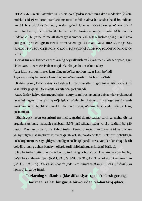 Tuzlar.Tuzlarning guruhlanishi - o’rta, asosli, nordon, qo’sh aralash va kompleks tuzlar 5