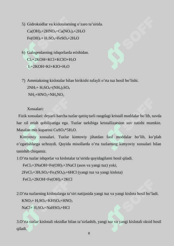 Tuzlar.Tuzlarning guruhlanishi - o’rta, asosli, nordon, qo’sh aralash va kompleks tuzlar 8