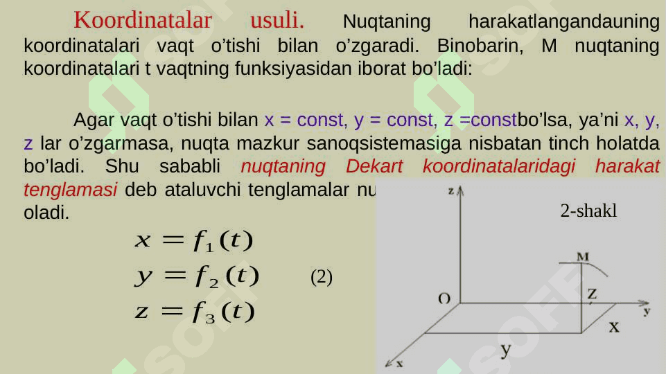 Harakati koordinata usulida berilganda nuqtaning tezlik va tezlanishlarini aniqlash. Nuqtaning berilgan harakat qonuniga asosan nuqtaga ta’sir etuvchi kuchni aniqlashga doir masalalar yechish. 6