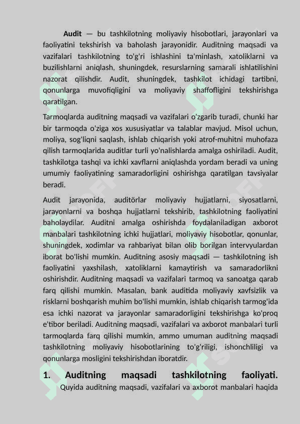 Boshqa tarmoqlarda auditning maqsadi,         vazifalari va axborot manbalar. 2