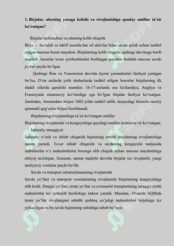 Birjalar bo'yichja 10 ta savolga javob 2