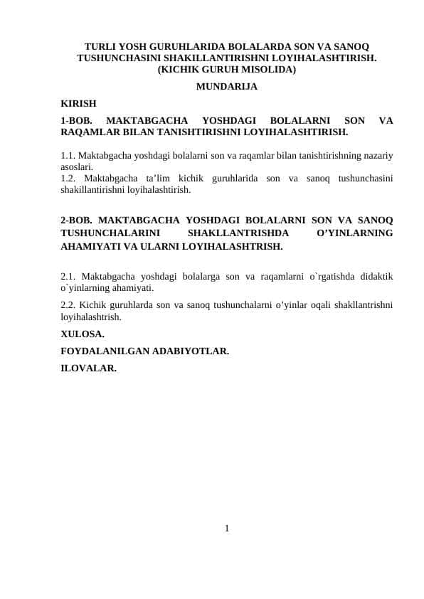 turli yosh guruhlarida bolalarda son va sanoq tushunchasini shakillantirishni loyihalashtirish. (kichik guruh misolida)