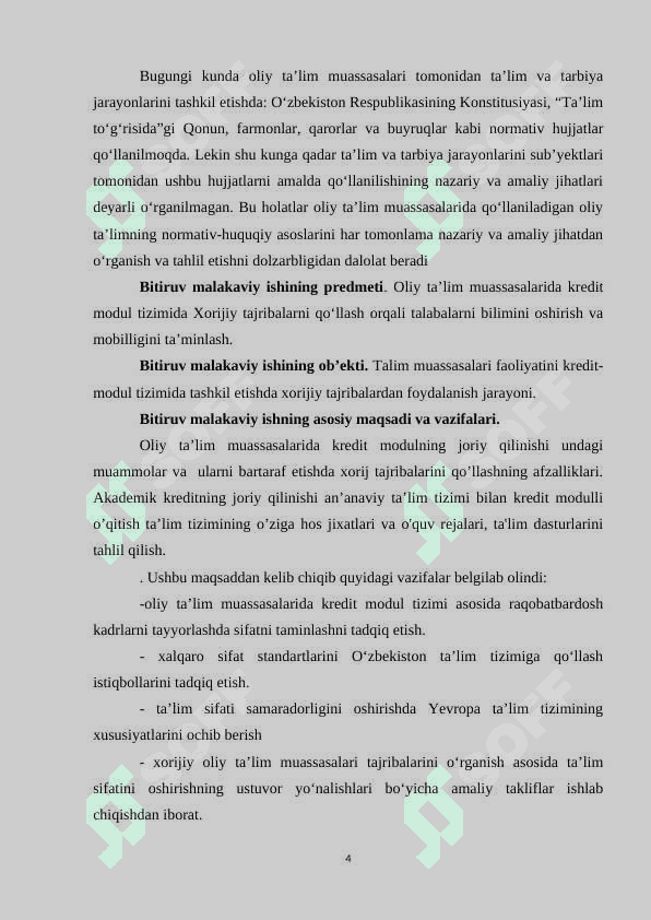 Tа’lim muаssаsаlаri fаоliyаtini kredit  mоdul tizimidа tаshkil etishdа xоrijiy tаjribаlаrdаn fоydаlаnish sаmаrаdоrligi  mаvzusidа 4