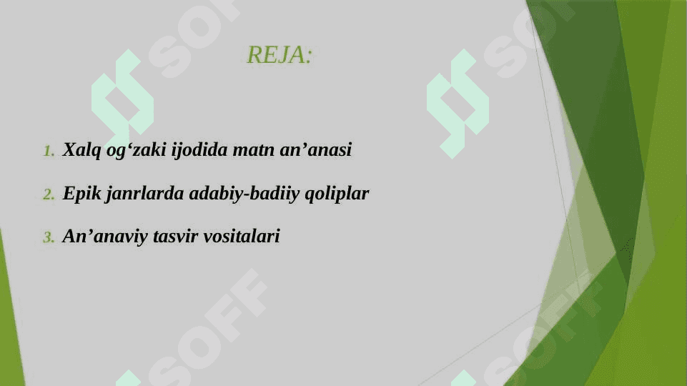 XALQ OG'ZAKI IJODIDA MATN AN'ANASI. EPIK JANRLARDA ADABIY BADIIY QOLIPLAR VA AN'ANAVIY TASVIR VOSITALARI 2