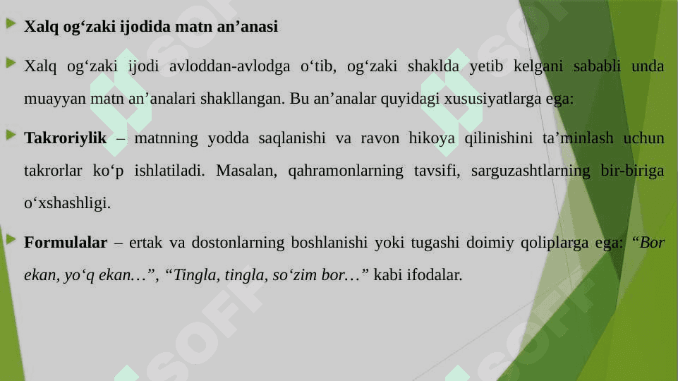 XALQ OG'ZAKI IJODIDA MATN AN'ANASI. EPIK JANRLARDA ADABIY BADIIY QOLIPLAR VA AN'ANAVIY TASVIR VOSITALARI 3