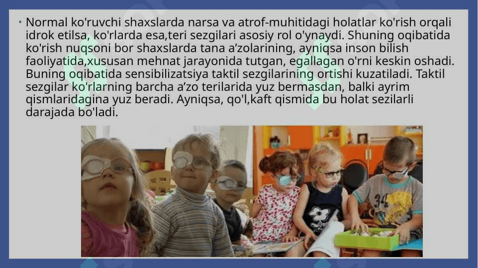 Ko'rish nuqsoniga ega bolalar sezgi va idrok diqqat va xotirasining o'ziga xosligi 8