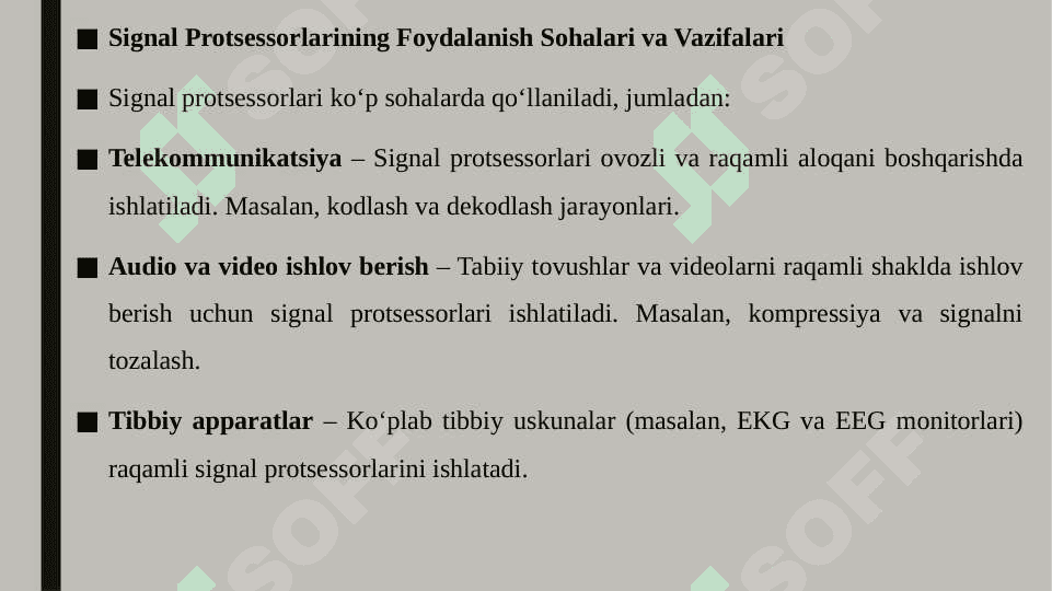 Zamonaviy signal protsessorlari arxitekturalarini o'rganish. Ko'p yadroli signal protsessorlarni dasturlash. Signal protsessorlari (SP) ishlatish sohalari va u yerdagi vazifalari, parametrlari. Signallarga raqamli ishlov berish tizimlari arxetekturasi. Signal turlari va ularni ifodalash 6