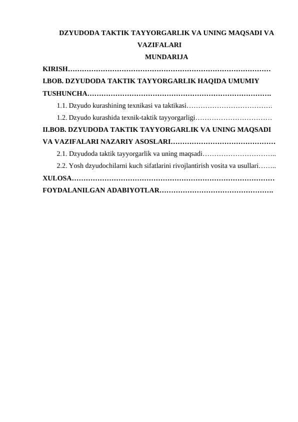 DZYUDODA TAKTIK TAYYORGARLIK VA UNING MAQSADI VA VAZIFALARI