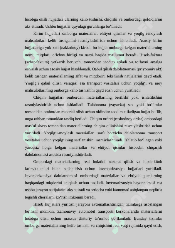 AVTOMOBIL TRANSPORTI KORXONALARI OMBORLARIDA MATERIALLARNI HISOBGA OLISH HUJJATLARI VA AVTOMOBIL TRANSPORTI KORXONALARIDA HISOB-KITOB OPERATSIYALARINI HISOBGA OLISH 6