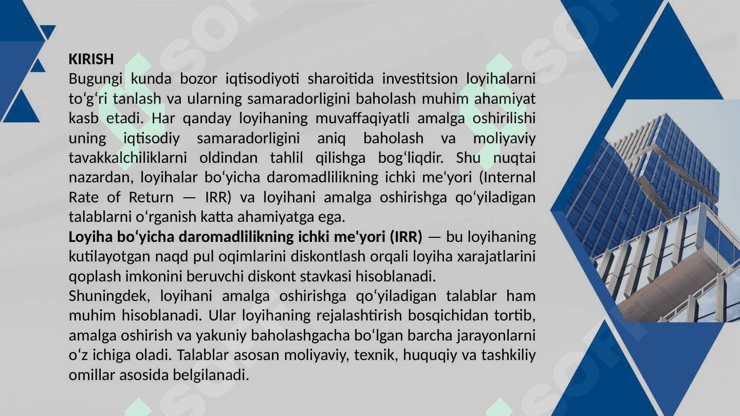 “Loyiha bo`yicha daromadlilikning ichki me'yori va loyihani amalga oshirishga qo'yiladigan talablar.” 3