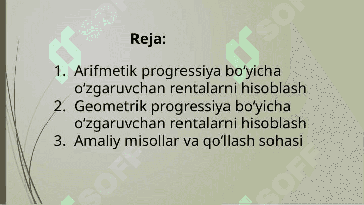 Arifmetik progressiya bo'yicha o'zgaruvchan rentalarni hisoblash. Geometrik progressiya boyicha o'zgaruvchan rentalar 2