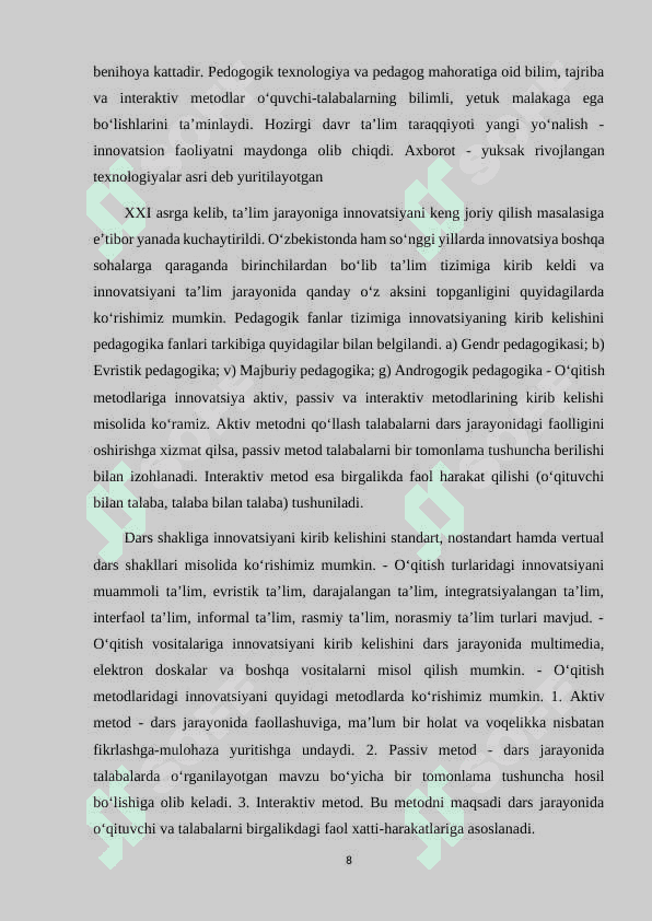 MAKTABGACHA TA'LIM JARAYONIDA TEXNOLOGIYALAR VA LOYIHALASHTIRISHDA METODIKALAR BILAN BOG'LIQLIGI 8