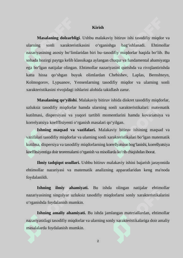 Tasodifiy miqdorlar va ularning sonli xarakteristikalari 2