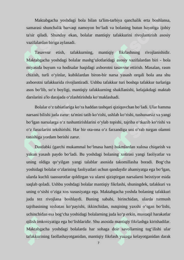 MAKTABGACHA 4-5 YOSHDAGI BOLALARNI MATEMATIK RIVOJLANTIRISH JARAYONIDA MANTIQIY FIKRLASHGA O'RGATISH 7