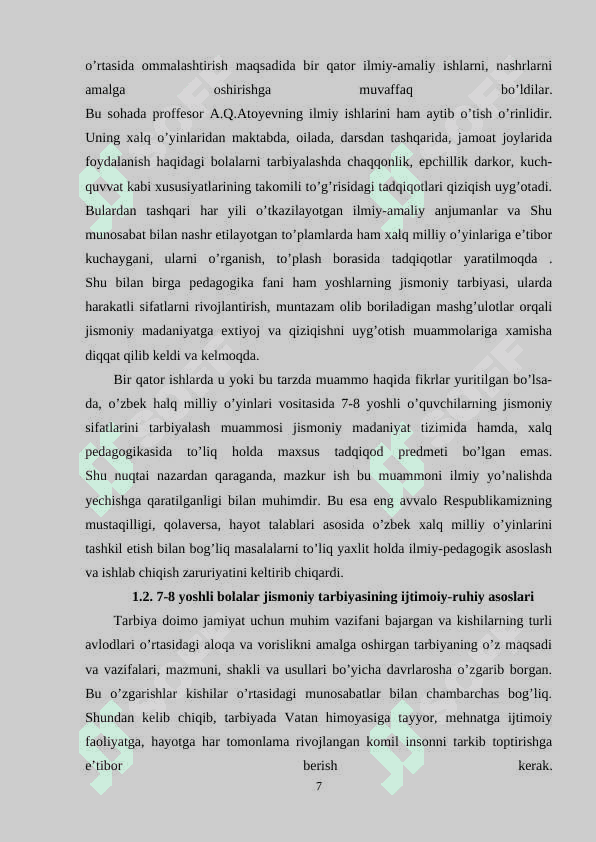 O`QUVCHILARNI SPORT O`YINLARIGA O`RGATISHDA HARAKATLI O`YINLARDAN FOYDALANISH SAMARADORLIGI 7